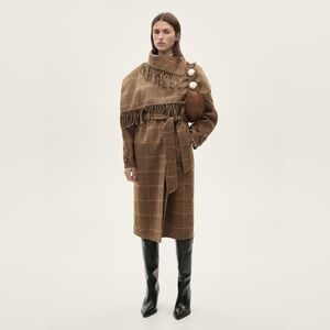 Mango Vegas Shawl Neck Check Wool Rich Coat, Brown